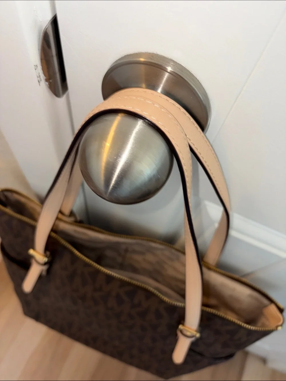 Michael Kors Brown MK Signature Tote with Pale Pink Straps and Gold Charm